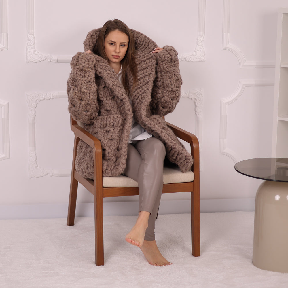 Extra Chunky Wool Cardigan , Hand Knitted 10 Strands Heavy Honeycomb Knit Jacket T2152