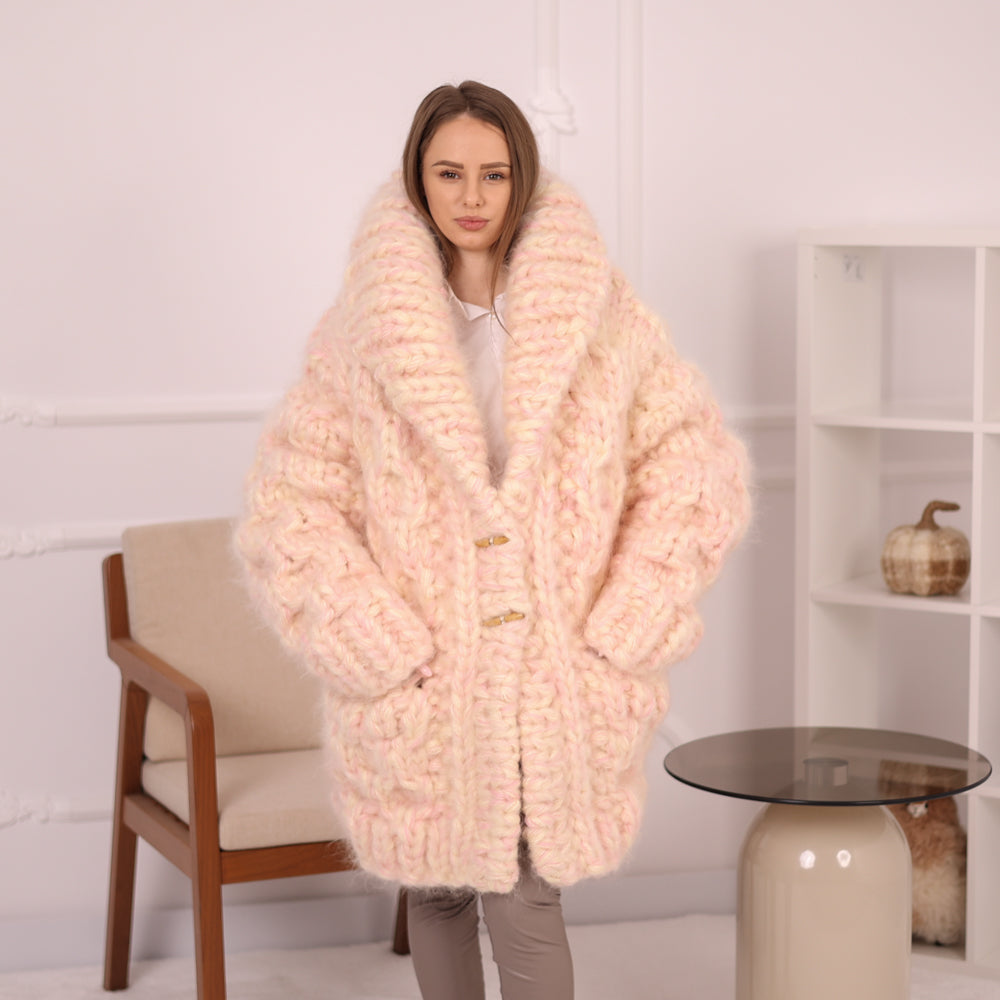 Chunky Cream Pink Melange  Mohair Cardigan – Hand Knitted Oversized Sweater T2153