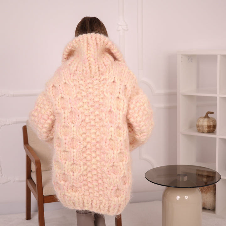 Chunky Cream Pink Melange  Mohair Cardigan – Hand Knitted Oversized Sweater T2153