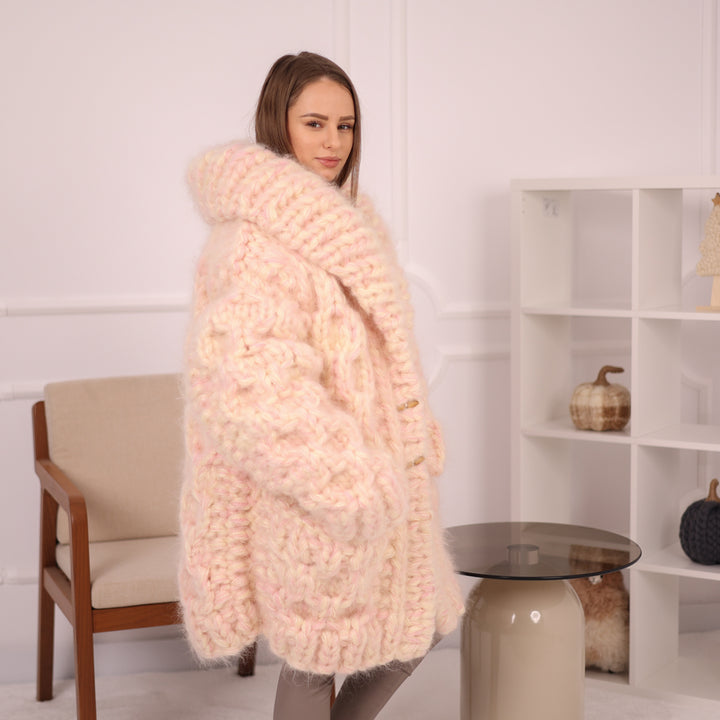 Chunky Cream Pink Melange  Mohair Cardigan – Hand Knitted Oversized Sweater T2153