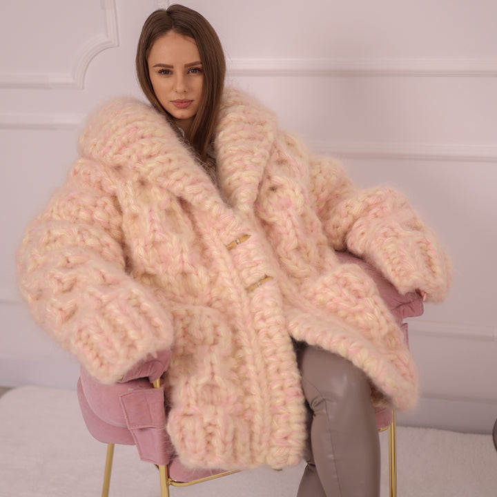 Chunky Cream Pink Melange  Mohair Cardigan – Hand Knitted Oversized Sweater T2153