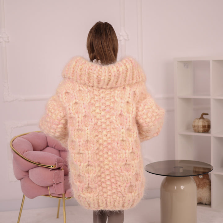 Chunky Cream Pink Melange  Mohair Cardigan – Hand Knitted Oversized Sweater T2153