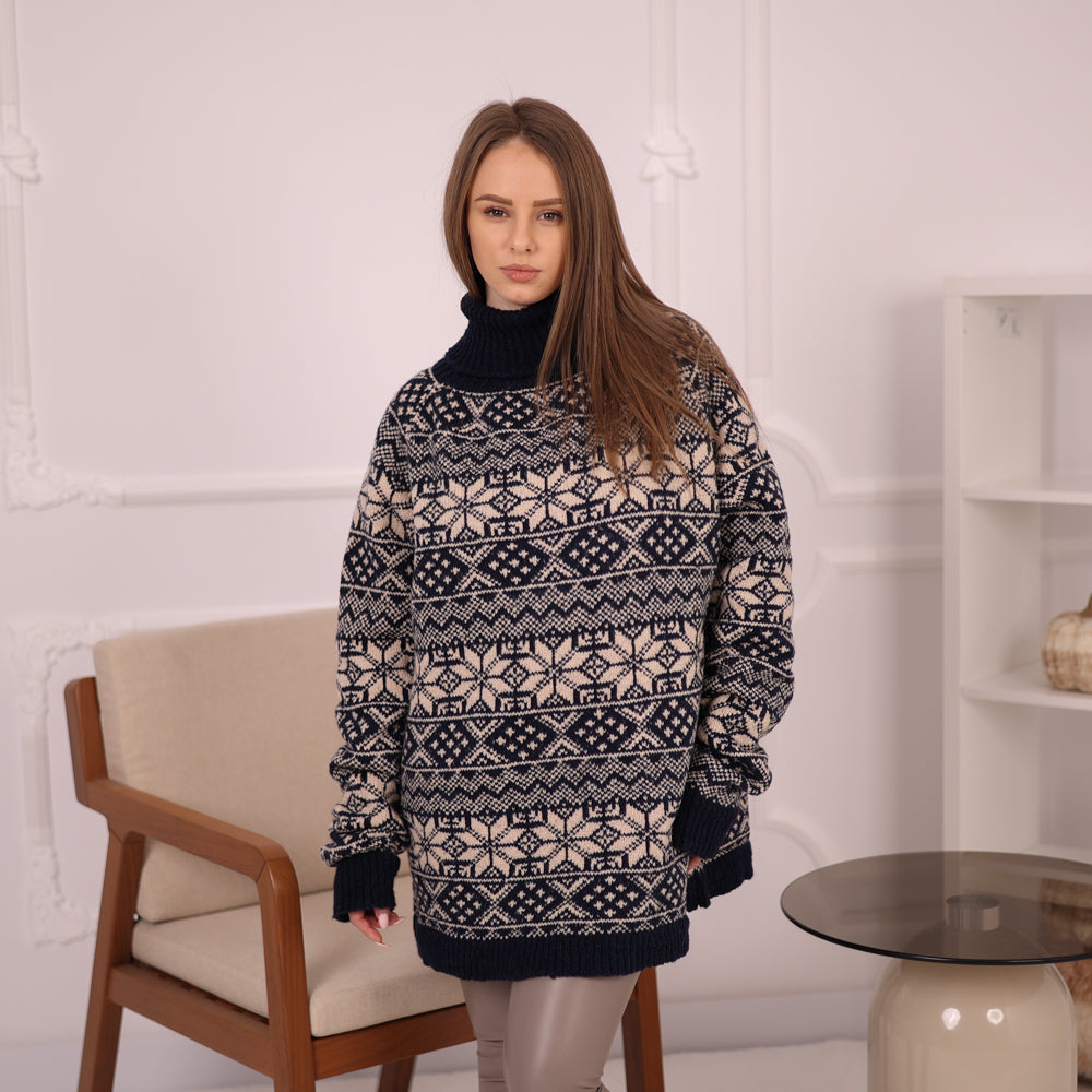 Norwegian Pattern Merino Sweater, Extra Soft Knit, Navy Blue Off White, Oversized Turtleneck  T2149