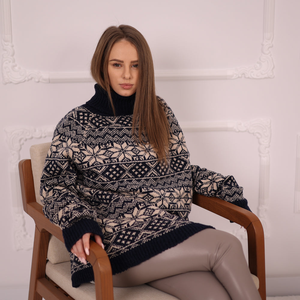 Norwegian Pattern Merino Sweater, Extra Soft Knit, Navy Blue Off White, Oversized Turtleneck  T2149
