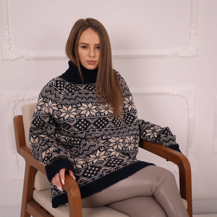 Norwegian Pattern Merino Sweater, Extra Soft Knit, Navy Blue Off White, Oversized Turtleneck  T2149