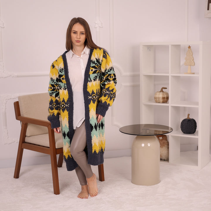 Long Norwegian Wool Cardigan Vintage Pattern Oversized Winter Knit Outerwear Coat T2151