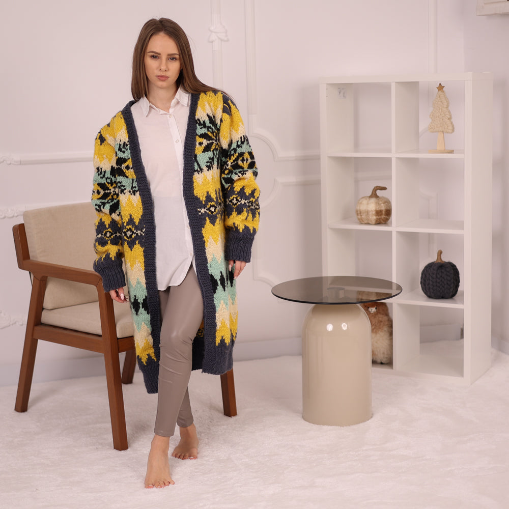 Long Norwegian Wool Cardigan Vintage Pattern Oversized Winter Knit Outerwear Coat T2151