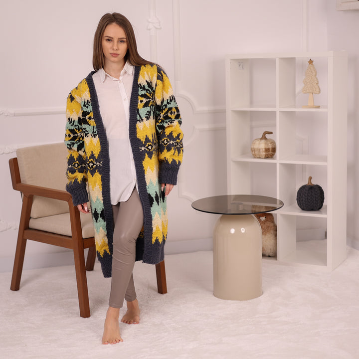 Long Norwegian Wool Cardigan Vintage Pattern Oversized Winter Knit Outerwear Coat T2151