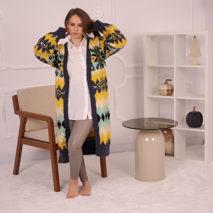 Long Norwegian Wool Cardigan Vintage Pattern Oversized Winter Knit Outerwear Coat T2151