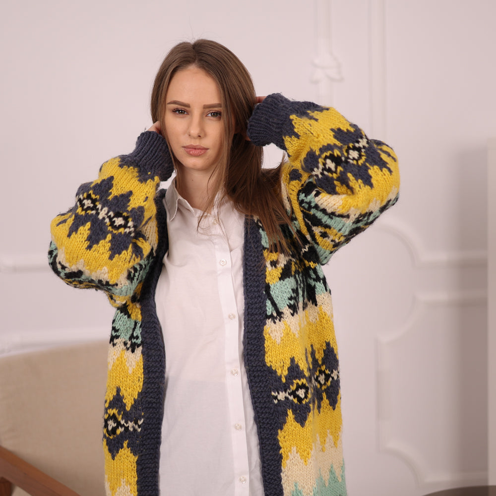 Long Norwegian Wool Cardigan Vintage Pattern Oversized Winter Knit Outerwear Coat T2151