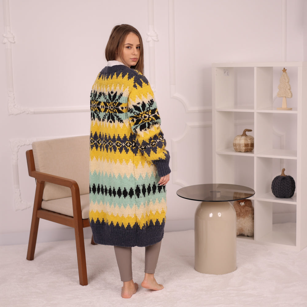 Long Norwegian Wool Cardigan Vintage Pattern Oversized Winter Knit Outerwear Coat T2151