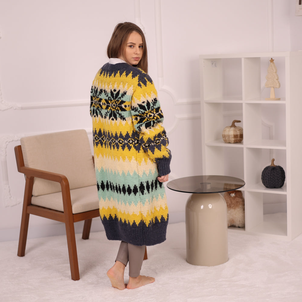 Long Norwegian Wool Cardigan Vintage Pattern Oversized Winter Knit Outerwear Coat T2151
