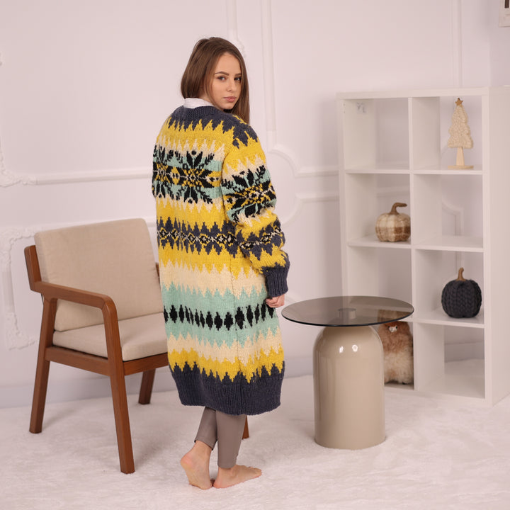 Long Norwegian Wool Cardigan Vintage Pattern Oversized Winter Knit Outerwear Coat T2151