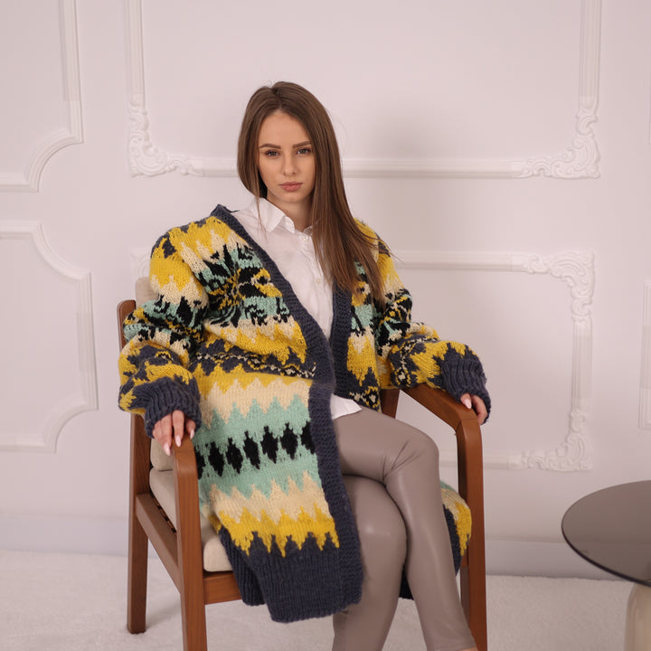 Long Norwegian Wool Cardigan Vintage Pattern Oversized Winter Knit Outerwear Coat T2151