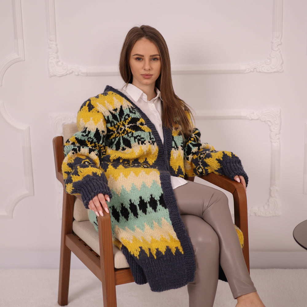 Long Norwegian Wool Cardigan Vintage Pattern Oversized Winter Knit Outerwear Coat T2151