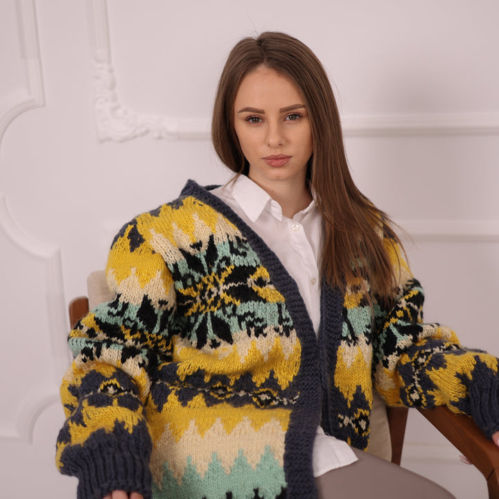 Long Norwegian Wool Cardigan Vintage Pattern Oversized Winter Knit Outerwear Coat T2151