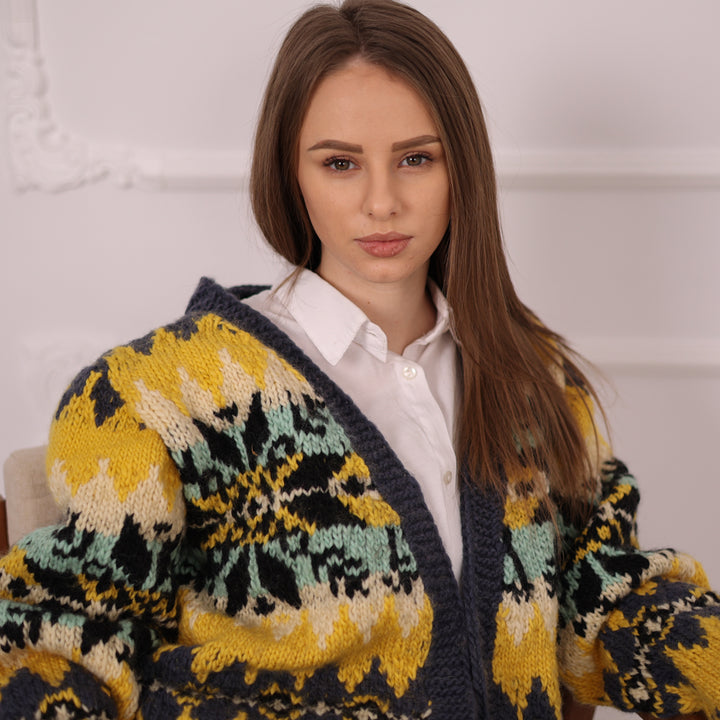 Long Norwegian Wool Cardigan Vintage Pattern Oversized Winter Knit Outerwear Coat T2151