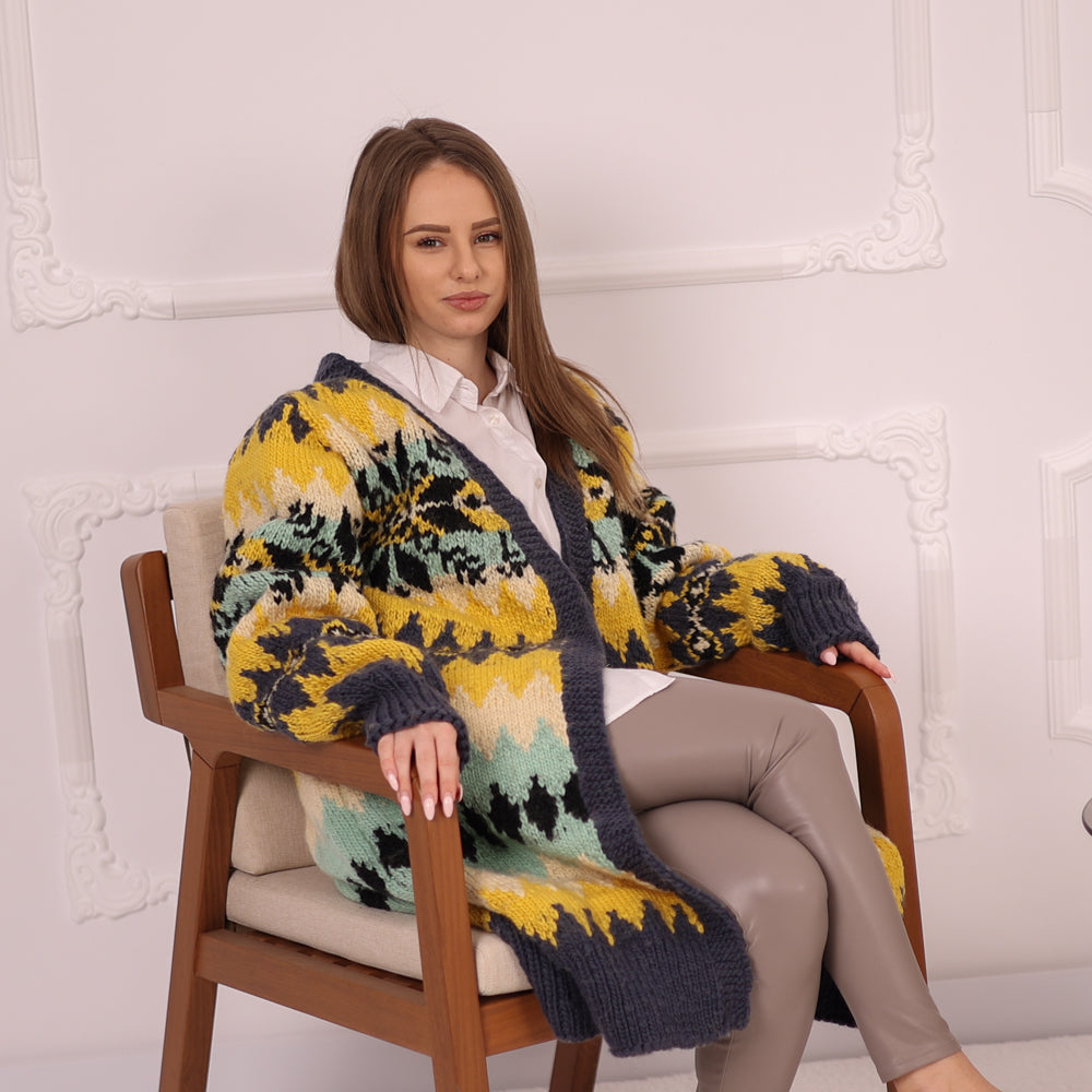 Long Norwegian Wool Cardigan Vintage Pattern Oversized Winter Knit Outerwear Coat T2151