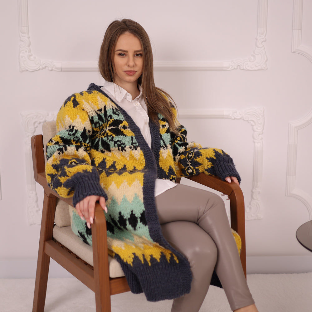 Long Norwegian Wool Cardigan Vintage Pattern Oversized Winter Knit Outerwear Coat T2151