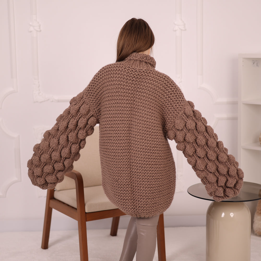 Very Chunky Wool Sweater, Bubble Sleeves, Oversized Fit, Hand Knitted Texture  T2148