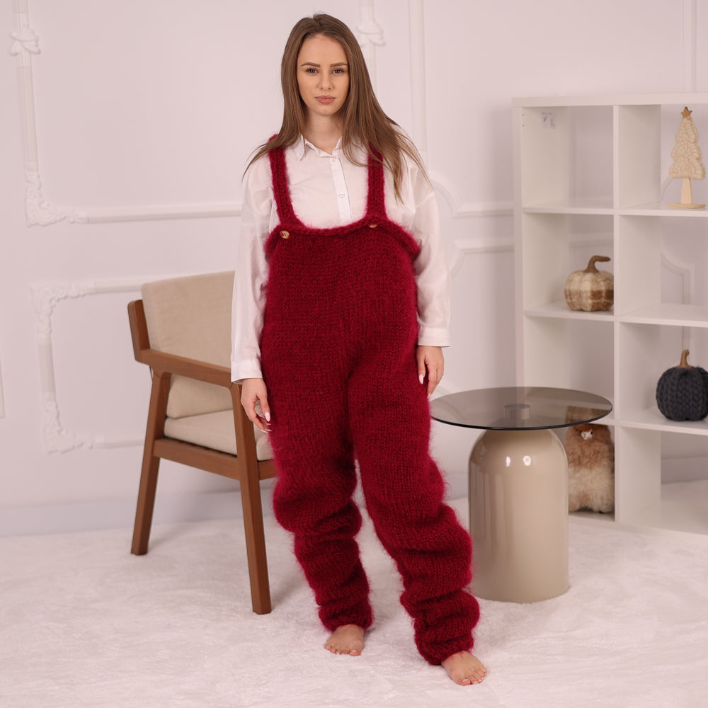 Red Mohair Catsuit – Hand-Knitted Fluffy Romper – Cozy Soft One-Piece – T2156