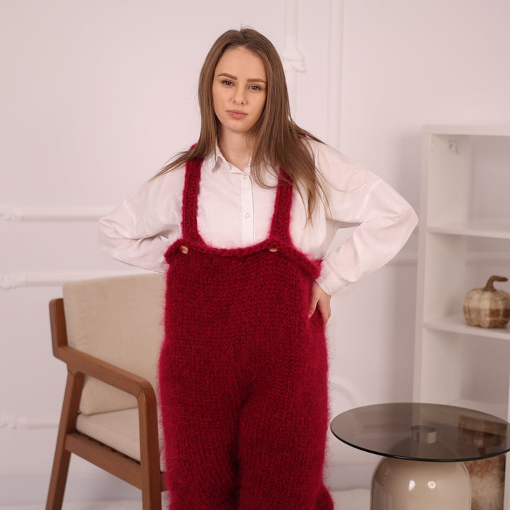 Red Mohair Catsuit – Hand-Knitted Fluffy Romper – Cozy Soft One-Piece – T2156