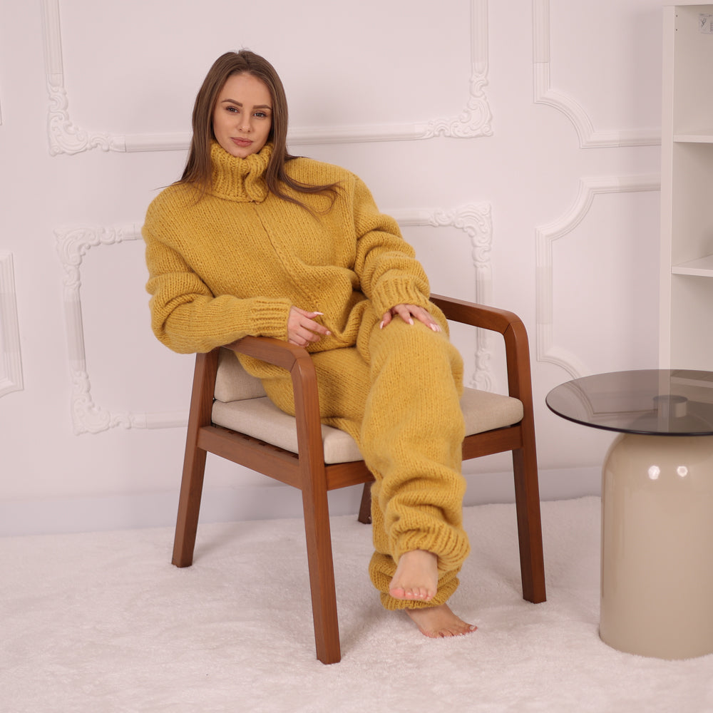 Yellow Alpaca Catsuit with Zipper, 12 Strand Yarn, Heavy Warm Hand Knitted Onepiece T2155