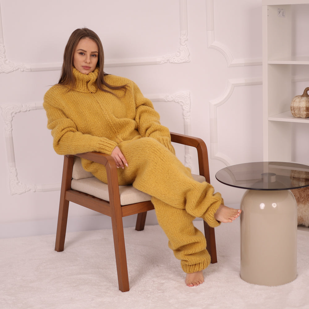 Yellow Alpaca Catsuit with Zipper, 12 Strand Yarn, Heavy Warm Hand Knitted Onepiece T2155