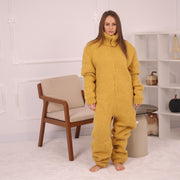 Gelber Alpaka-Catsuit mit Reißverschluss, 12-fädiges Garn, dicker warmer handgestrickter Einteiler T2155