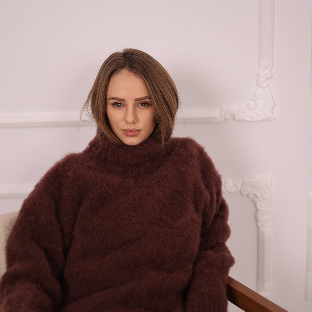 Brown Alpaca Sweater for Women, Hand Knitted 5-Strand Soft Fluffy Turtleneck Pullover T2146