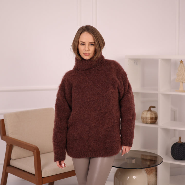 Brown Alpaca Sweater for Women, Hand Knitted 5-Strand Soft Fluffy Turtleneck Pullover T2146