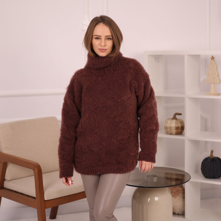 Brown Alpaca Sweater for Women, Hand Knitted 5-Strand Soft Fluffy Turtleneck Pullover T2146