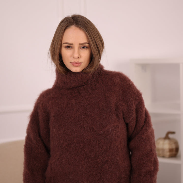 Brown Alpaca Sweater for Women, Hand Knitted 5-Strand Soft Fluffy Turtleneck Pullover T2146
