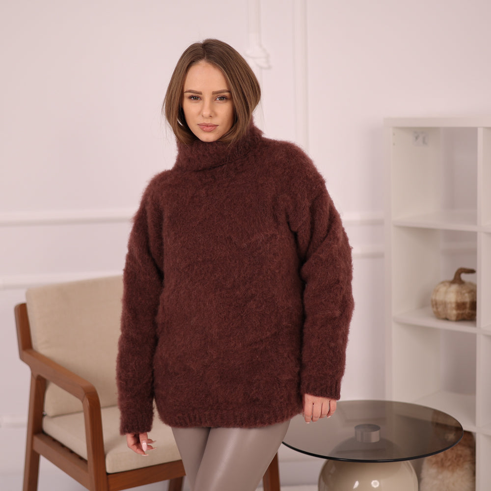 Brown Alpaca Sweater for Women, Hand Knitted 5-Strand Soft Fluffy Turtleneck Pullover T2146