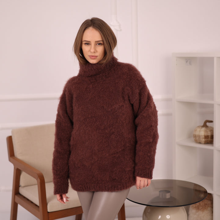 Brown Alpaca Sweater for Women, Hand Knitted 5-Strand Soft Fluffy Turtleneck Pullover T2146