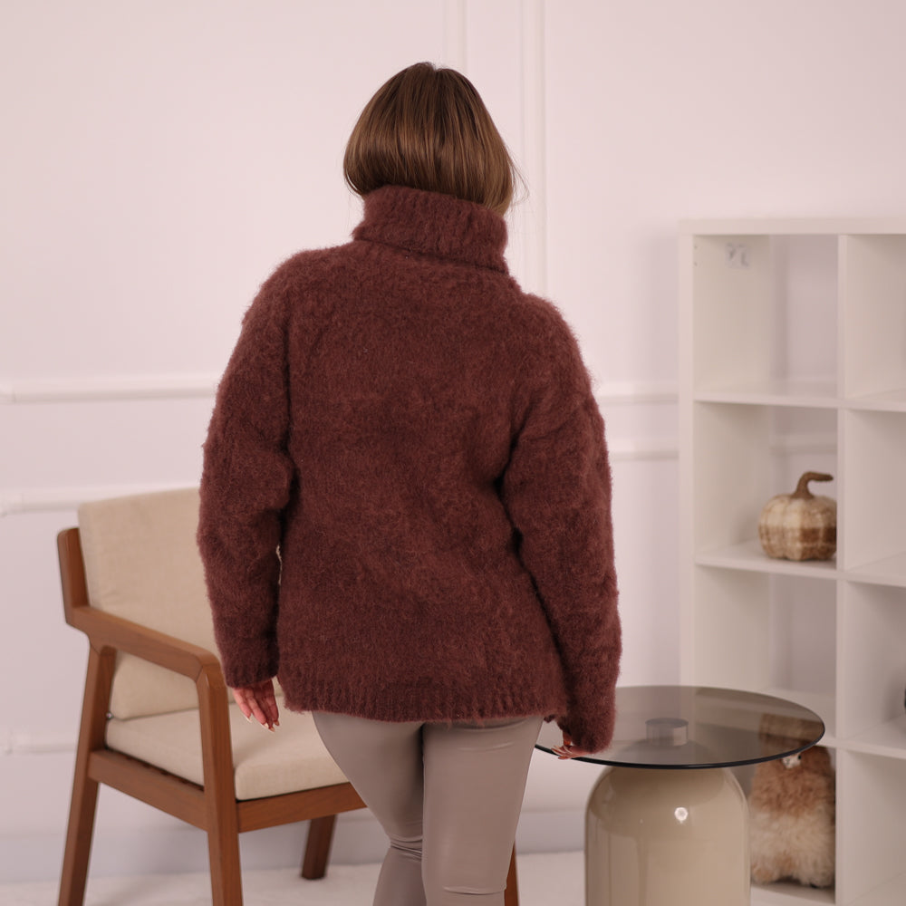 Brown Alpaca Sweater for Women, Hand Knitted 5-Strand Soft Fluffy Turtleneck Pullover T2146