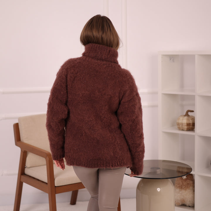 Brown Alpaca Sweater for Women, Hand Knitted 5-Strand Soft Fluffy Turtleneck Pullover T2146