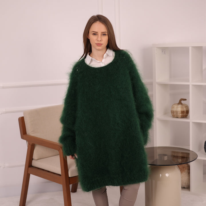 Hand-Knitted Green Mohair Sweater – Chunky Fluffy Warm Crewneck Pullover T2144