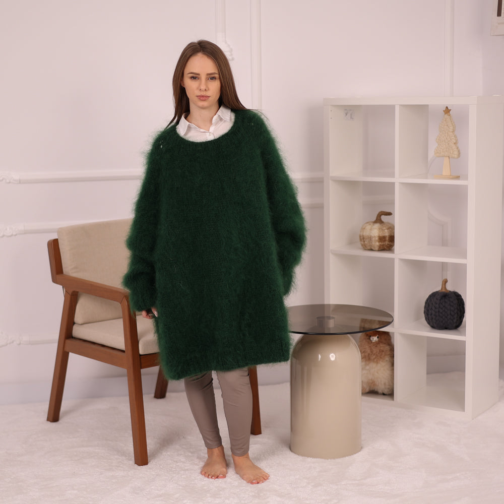 Hand-Knitted Green Mohair Sweater – Chunky Fluffy Warm Crewneck Pullover T2144