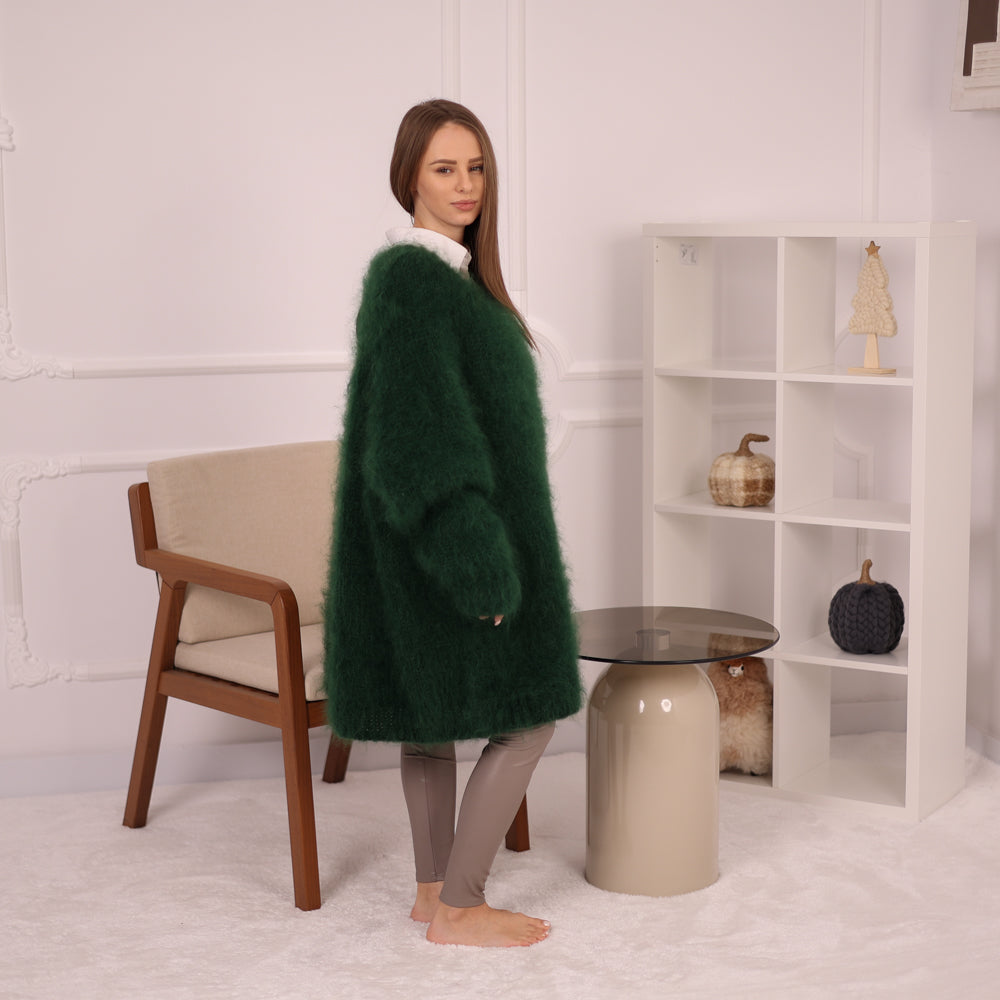 Hand-Knitted Green Mohair Sweater – Chunky Fluffy Warm Crewneck Pullover T2144