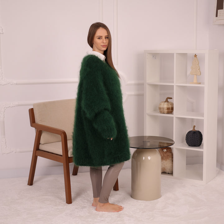 Hand-Knitted Green Mohair Sweater – Chunky Fluffy Warm Crewneck Pullover T2144