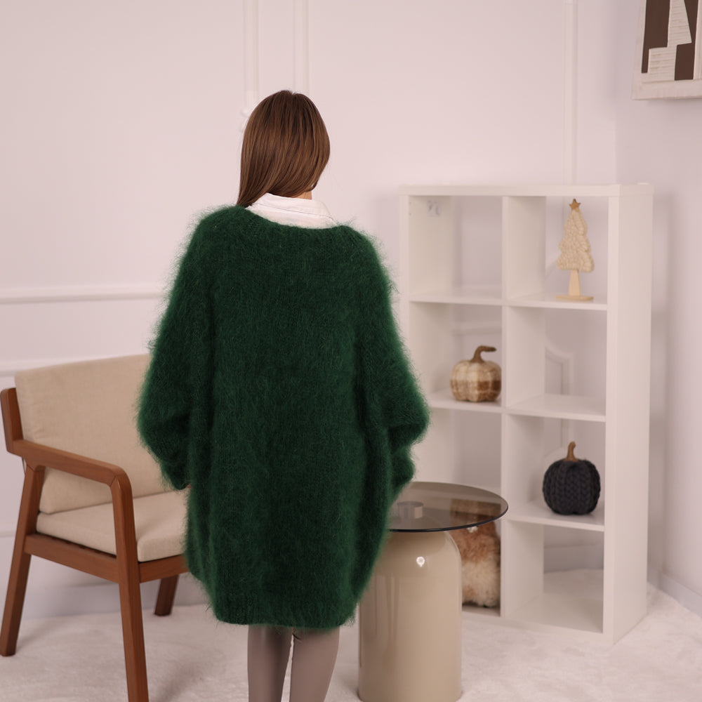 Hand-Knitted Green Mohair Sweater – Chunky Fluffy Warm Crewneck Pullover T2144