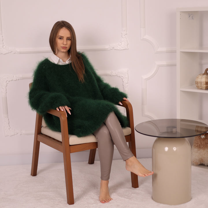 Hand-Knitted Green Mohair Sweater – Chunky Fluffy Warm Crewneck Pullover T2144