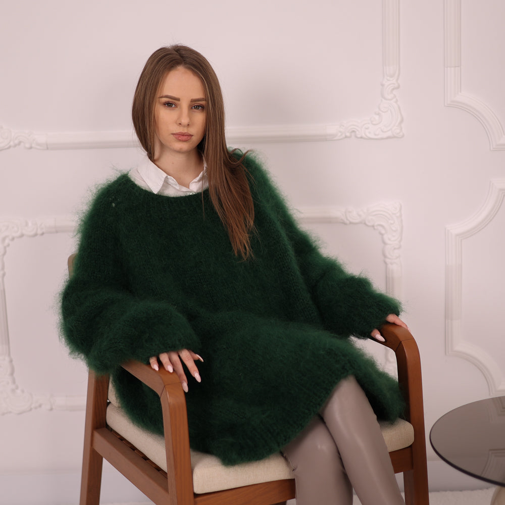 Hand-Knitted Green Mohair Sweater – Chunky Fluffy Warm Crewneck Pullover T2144