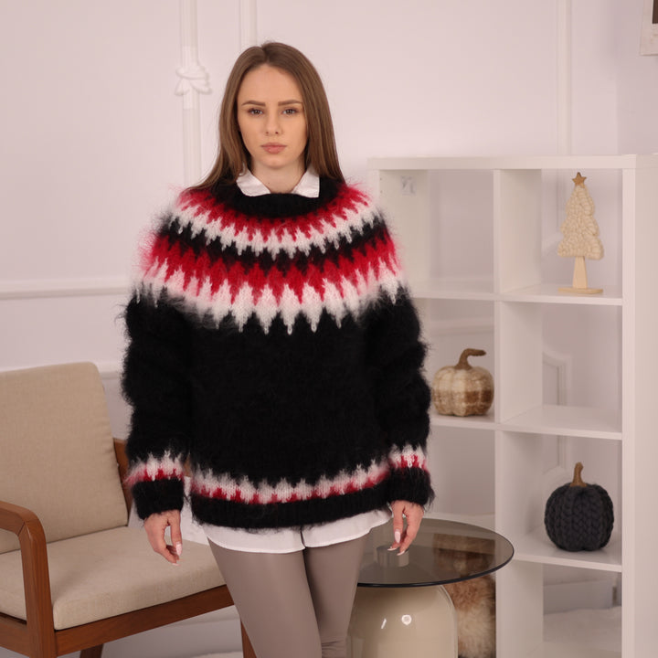 Black Icelandic Mohair Sweater, Fluffy Fuzzy Knit, Extra Soft Handknitted Pullover T2150