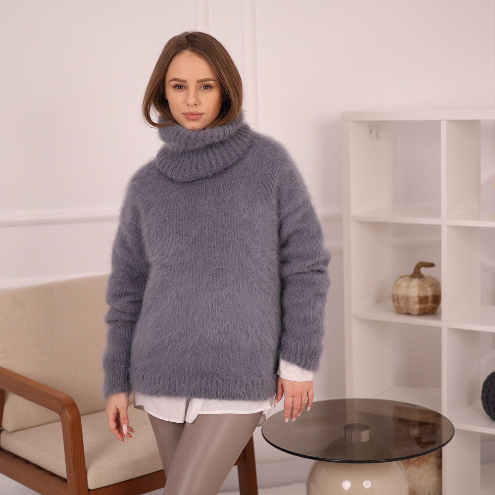 Gray Angora Turtleneck Sweater, Extra Long 50 cm Neck, Soft Rabbit Fur Knit T2147