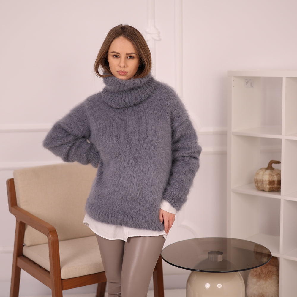 Gray Angora Turtleneck Sweater, Extra Long 50 cm Neck, Soft Rabbit Fur Knit T2147