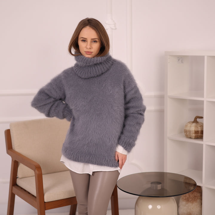 Gray Angora Turtleneck Sweater, Extra Long 50 cm Neck, Soft Rabbit Fur Knit T2147