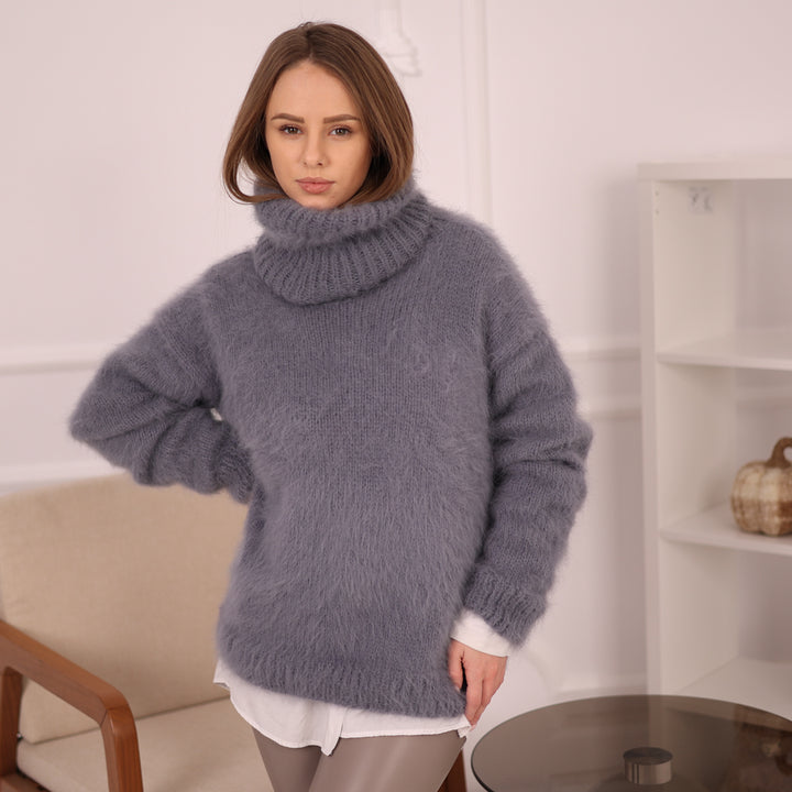 Gray Angora Turtleneck Sweater, Extra Long 50 cm Neck, Soft Rabbit Fur Knit T2147