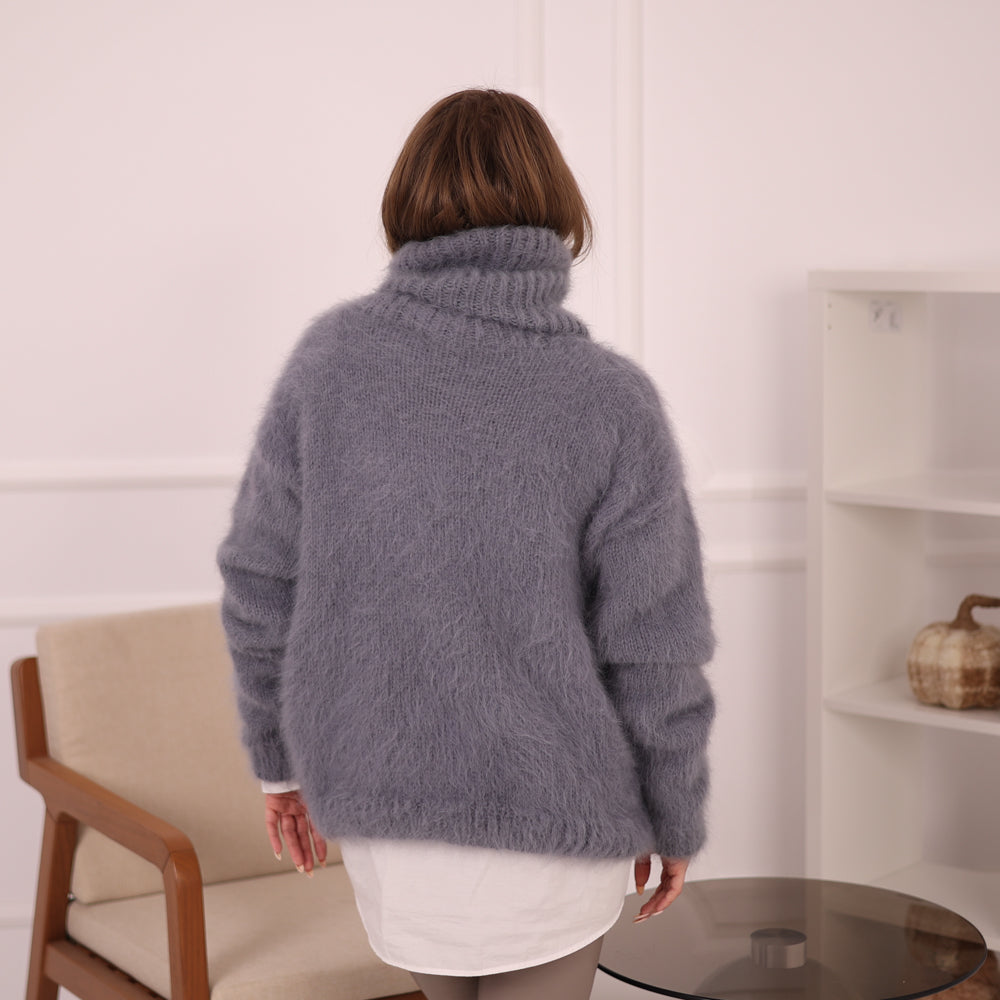 Gray Angora Turtleneck Sweater, Extra Long 50 cm Neck, Soft Rabbit Fur Knit T2147